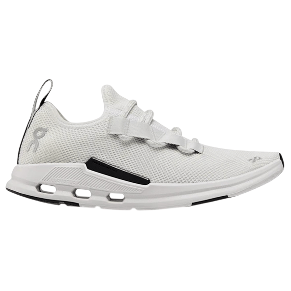 A white athletic sneaker with a mesh upper, featuring lace-up closure, a loop pull tab at the heel, and a distinctive sole design with cut-out details.