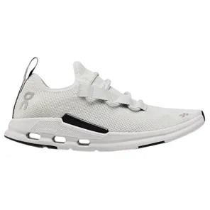 A white athletic sneaker with a mesh upper, featuring lace-up closure, a loop pull tab at the heel, and a distinctive sole design with cut-out details.