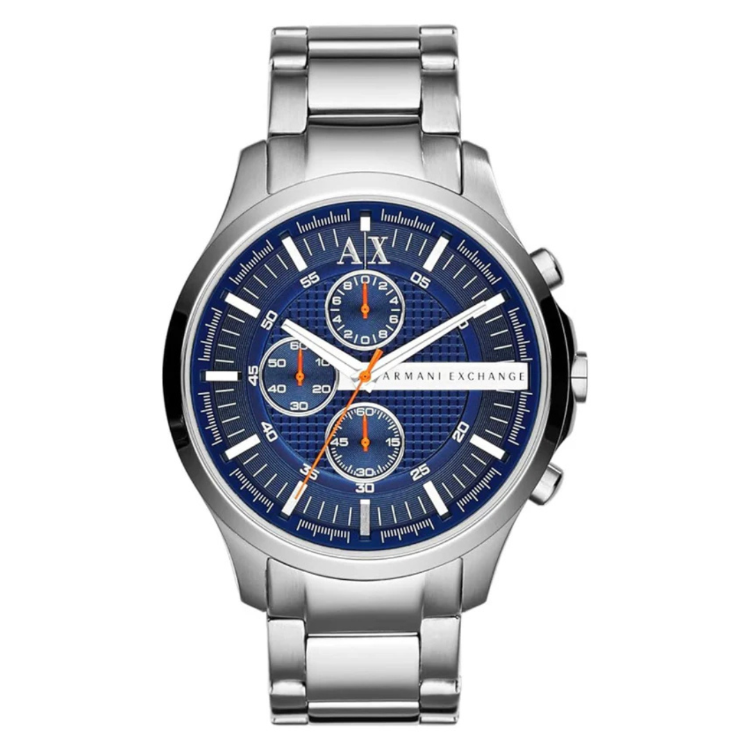 Stainless steel Armani Exchange wristwatch with a blue dial featuring three subdials, orange accents, and a silver link bracelet.