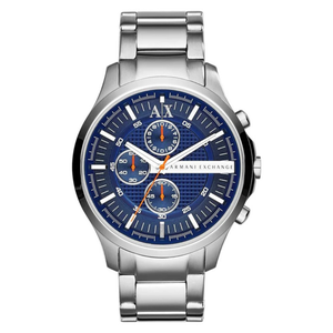 Stainless steel Armani Exchange wristwatch with a blue dial featuring three subdials, orange accents, and a silver link bracelet.