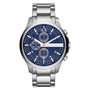 Stainless steel Armani Exchange wristwatch with a blue dial featuring three subdials, orange accents, and a silver link bracelet.