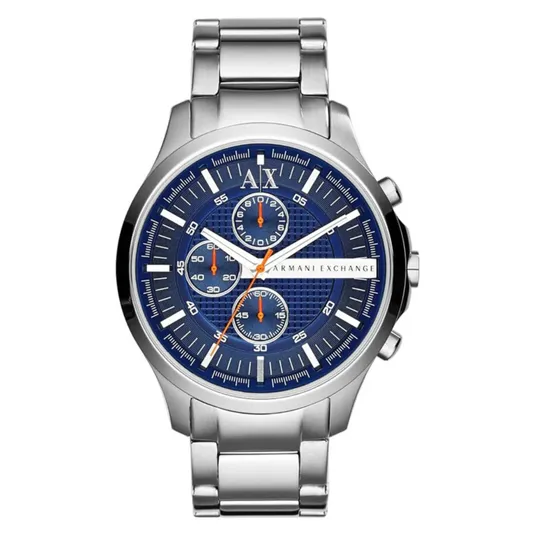 Stainless steel Armani Exchange wristwatch with a blue dial featuring three subdials, orange accents, and a silver link bracelet.