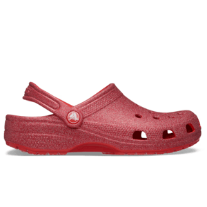 Red Crocs Classic Glitter Clog featuring a glittery finish, ventilated forefoot, pivoting heel strap, and signature circular logo on the side.