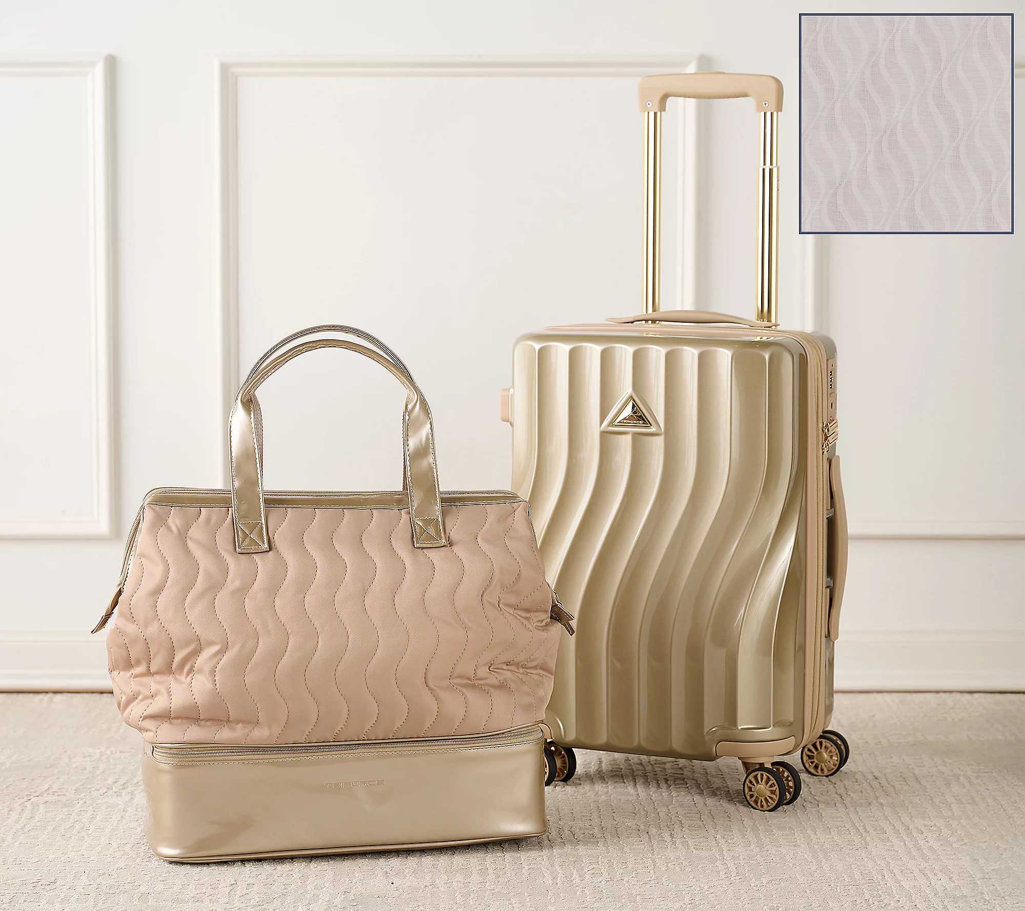 A wavy-textured cream-colored suitcase with dual spinner wheels is paired with a matching quilted tote bag featuring a metallic base and handles.