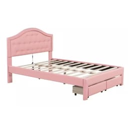 Pink upholstered bed frame with an arched, tufted headboard and two storage drawers on wheels beneath the bed.