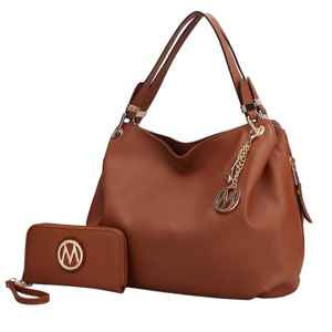 Brown leather handbag with a matching wallet, featuring gold hardware and a circular emblem with the letter \“M.\“