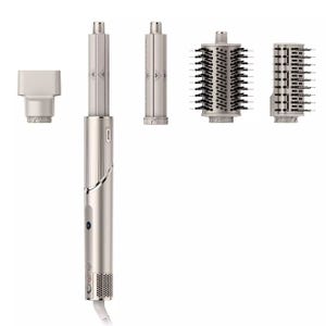 The Shark FlexStyle is a multi-functional hair styling tool with a main unit and attachments, including a concentrator nozzle, two curling barrels, and two brush attachments for drying, curling, and volumizing hair.