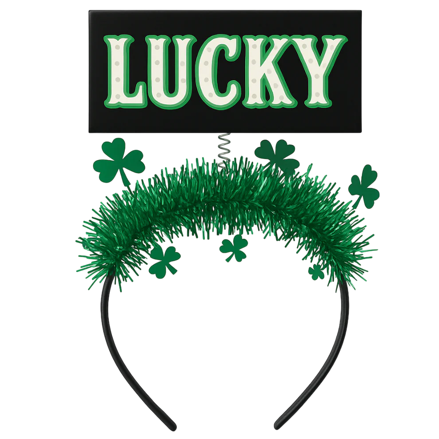 A green headband with tinsel adornment features green shamrocks and a spring-mounted sign that reads \“LUCKY\“ in white and green letters.