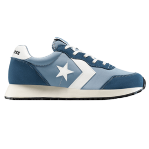 Blue and white Converse sneaker with a star and chevron design, featuring a low top and white laces.