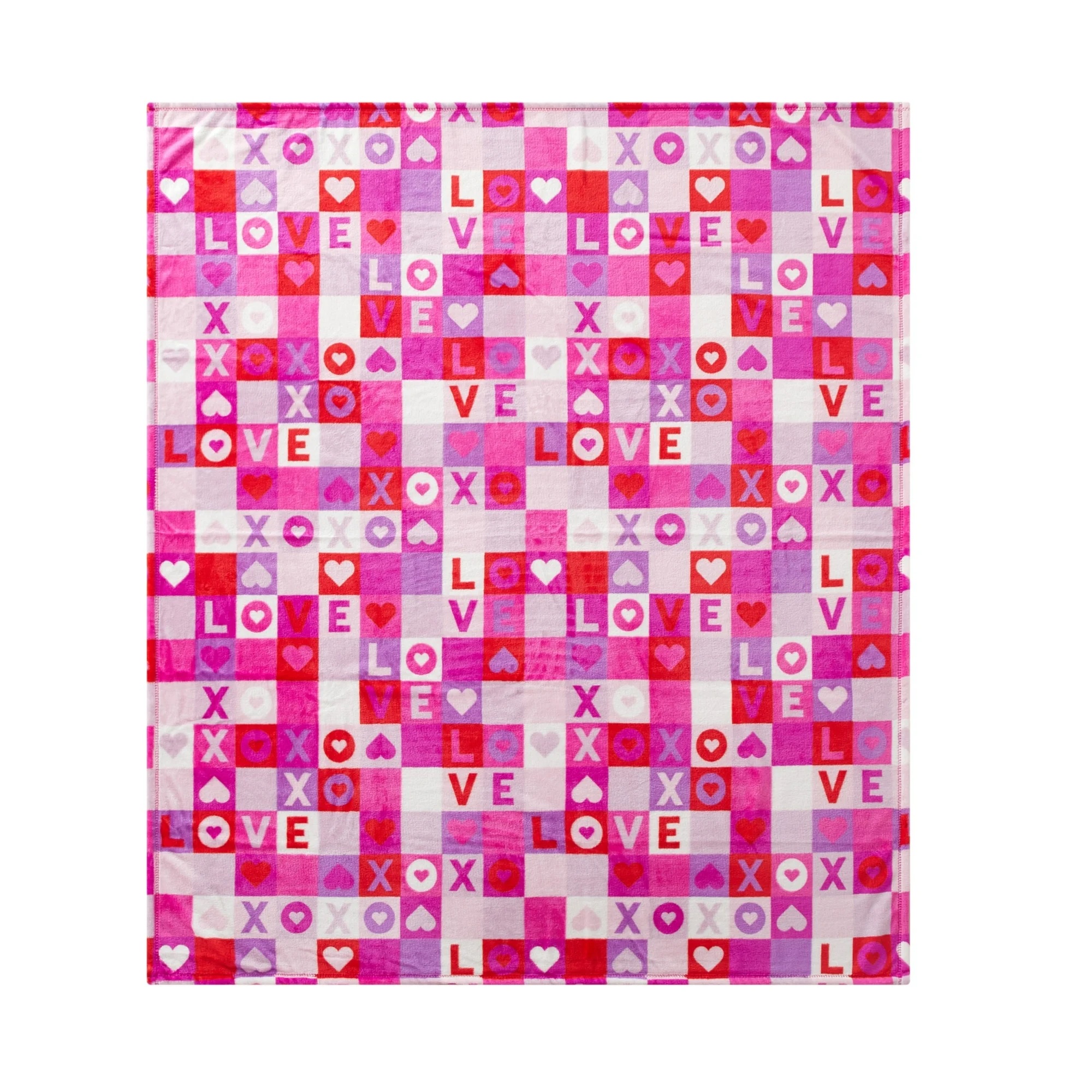 A colorful Valentine's Day throw featuring a grid pattern with pink, red, and purple squares. The design includes the words \“LOVE\“ and \“XOXO\“ along with heart motifs scattered throughout.