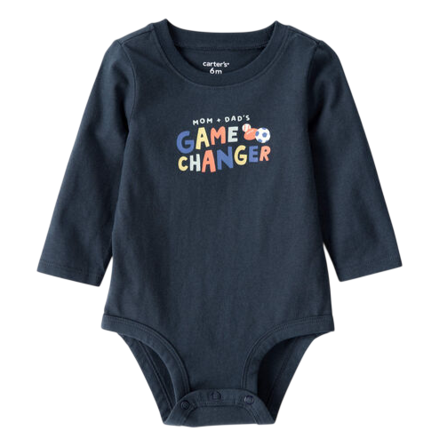 A navy blue long-sleeve baby onesie with the text \“Mom + Dad's Game Changer\“ printed in multicolored letters. It features snap closures at the bottom for easy diaper changes and is size 6 months.