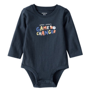 A navy blue long-sleeve baby onesie with the text \“Mom + Dad's Game Changer\“ printed in multicolored letters. It features snap closures at the bottom for easy diaper changes and is size 6 months.