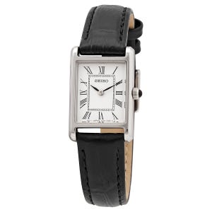A Seiko wristwatch with a rectangular silver case, white dial featuring Roman numerals, and a black leather strap.