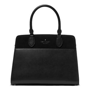 Black Kate Spade New York handbag with dual top handles, featuring a minimalist design and subtle logo on the front.