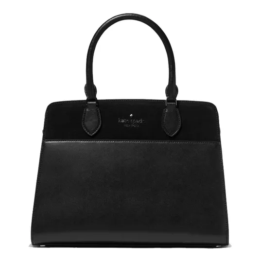 Black Kate Spade New York handbag with dual top handles, featuring a minimalist design and subtle logo on the front.