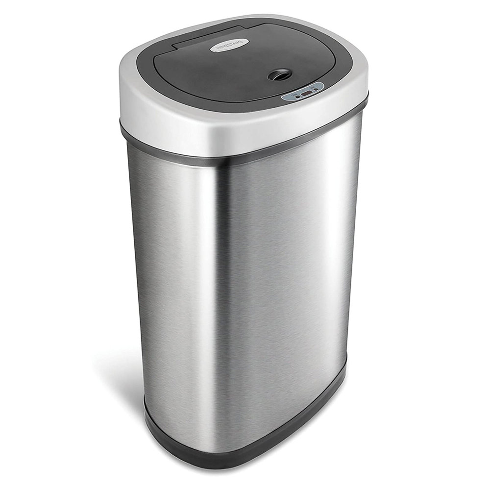 Stainless steel automatic trash can with a curved front and touchless sensor lid.