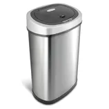 Stainless steel automatic trash can with a curved front and touchless sensor lid.