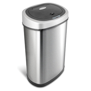 Stainless steel automatic trash can with a curved front and touchless sensor lid.