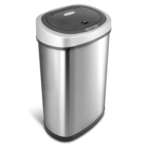 Stainless steel automatic trash can with a curved front and touchless sensor lid.