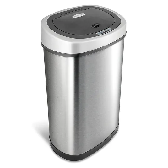 Stainless steel automatic trash can with a curved front and touchless sensor lid.