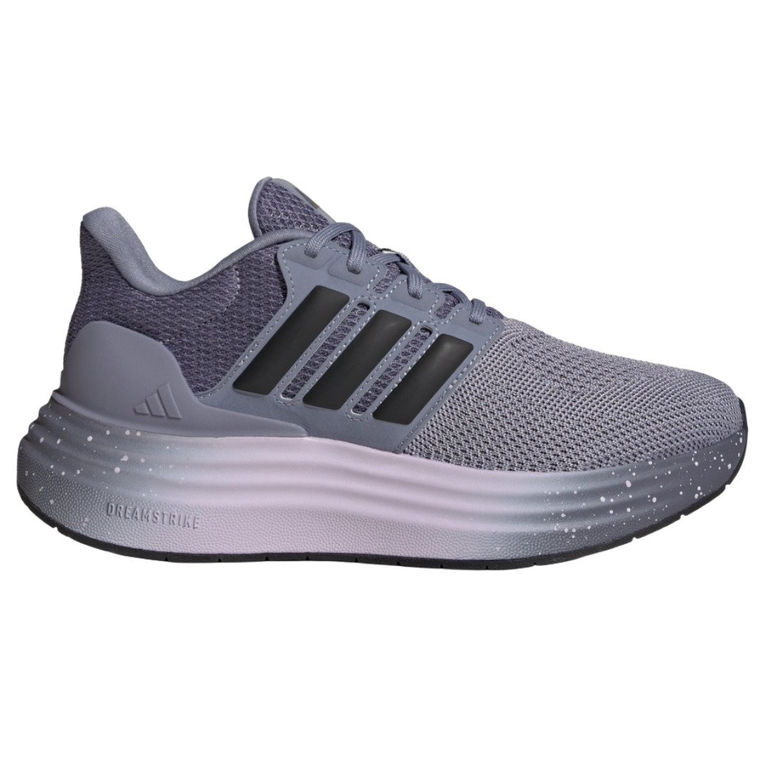 A purple and gray Adidas running shoe featuring a breathable mesh upper, black stripes, and a cushioned sole labeled \“DREAMSTRIKE.\“