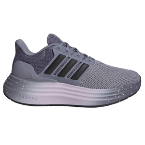 A purple and gray Adidas running shoe featuring a breathable mesh upper, black stripes, and a cushioned sole labeled \“DREAMSTRIKE.\“