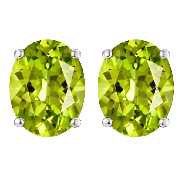 Oval-shaped green gemstones set in a simple stud earring design with four-prong settings.