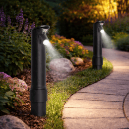 Outdoor pathway lights illuminate a curved walkway, surrounded by flowers and rocks, creating a well-lit garden setting.