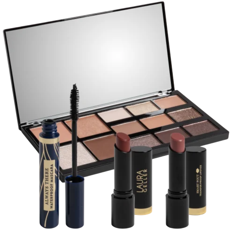 An eyeshadow palette with neutral tones, a tube of waterproof mascara, and two dark lipsticks from Laura Geller are depicted.