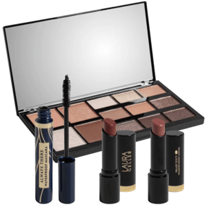 An eyeshadow palette with neutral tones, a tube of waterproof mascara, and two dark lipsticks from Laura Geller are depicted.