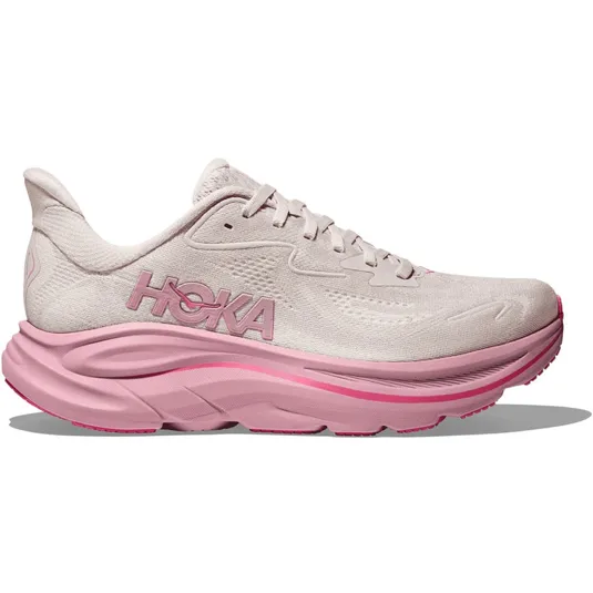 A pink Hoka running shoe with a cushioned sole and white upper, featuring the Hoka logo on the side.