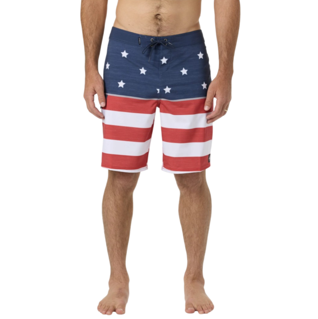 Men's swim trunks featuring an American flag pattern with blue stars and red and white stripes.