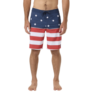 Men's swim trunks featuring an American flag pattern with blue stars and red and white stripes.