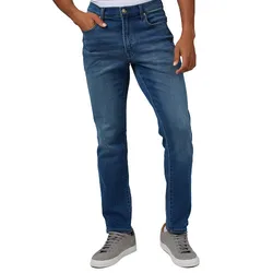 A person is wearing blue jeans paired with gray sneakers. The jeans have a classic look with a regular fit.