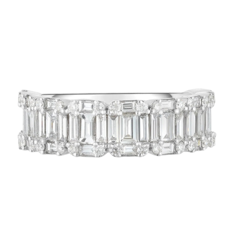 A ring with a double row of round and baguette-cut diamonds set in a band, showcasing a luxurious and sparkling design.