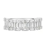 A ring with a double row of round and baguette-cut diamonds set in a band, showcasing a luxurious and sparkling design.