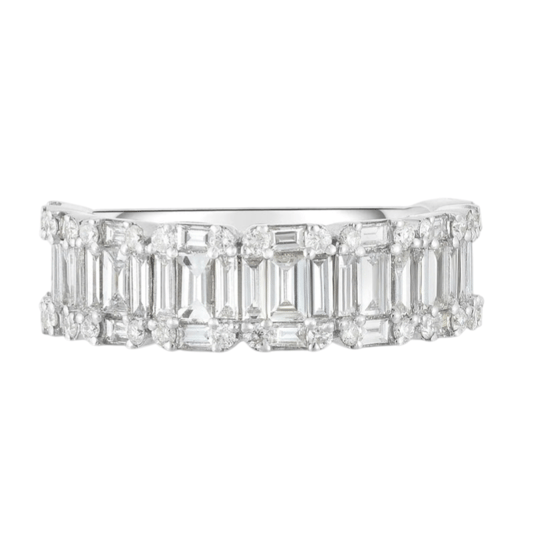 A ring with a double row of round and baguette-cut diamonds set in a band, showcasing a luxurious and sparkling design.