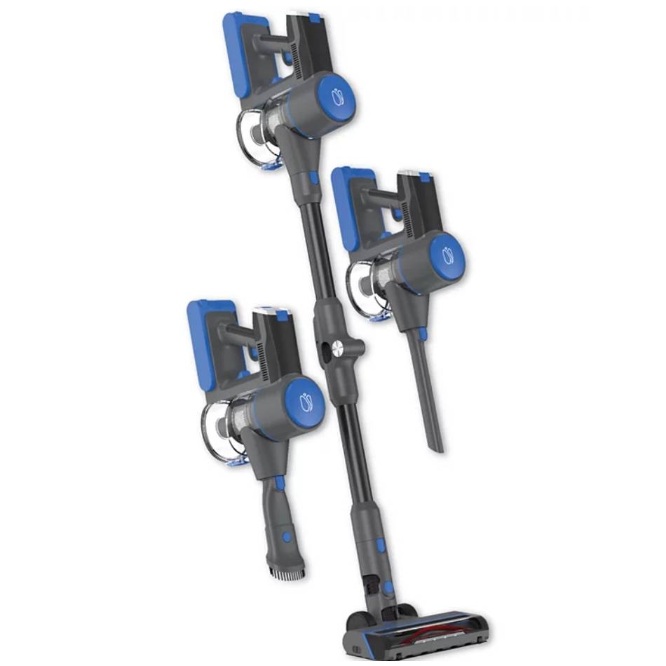A grey and blue cordless stick vacuum cleaner is shown in various configurations, demonstrating its versatility.