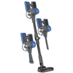 A grey and blue cordless stick vacuum cleaner is shown in various configurations, demonstrating its versatility.