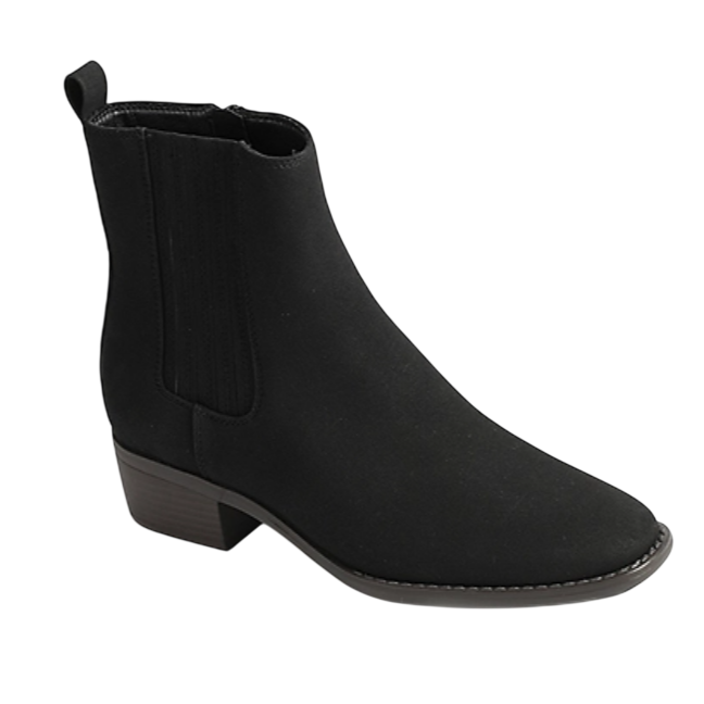 A black Chelsea boot with a block heel, featuring elastic side panels and a pull tab, designed for easy wear and a classic style.