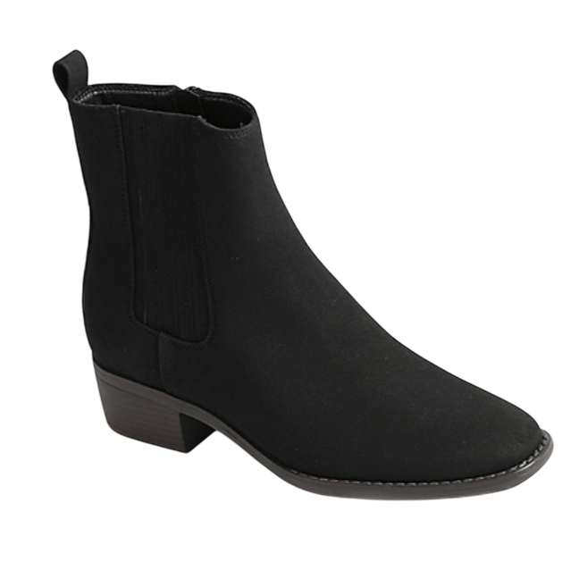 A black Chelsea boot with a block heel, featuring elastic side panels and a pull tab, designed for easy wear and a classic style.