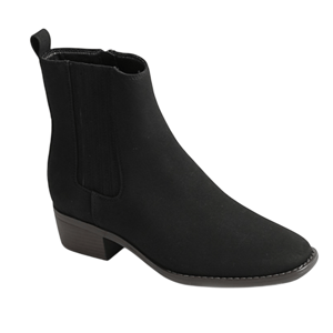 A black Chelsea boot with a block heel, featuring elastic side panels and a pull tab, designed for easy wear and a classic style.