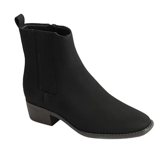 A black Chelsea boot with a block heel, featuring elastic side panels and a pull tab, designed for easy wear and a classic style.