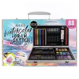 Art 101 Watercolor + Draw + Sketch Wood Art Set includes 88 pieces: 9 watercolor brush pens, 20 colored pencils, 24 watercolor cakes, 14 oil pastels, 2 sketch pencils, 1 eraser, 1 sharpener, 1 color chart, and more, all in a wood case.