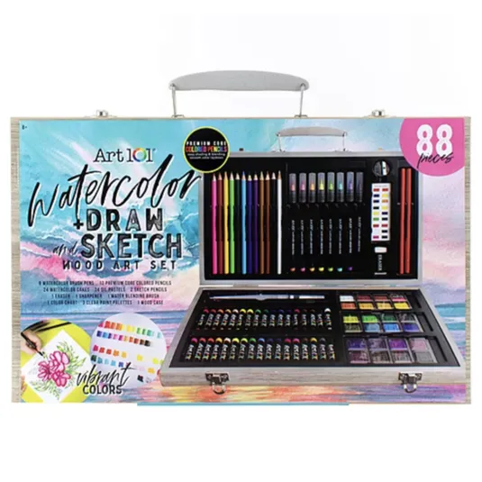 Art 101 Watercolor + Draw + Sketch Wood Art Set includes 88 pieces: 9 watercolor brush pens, 20 colored pencils, 24 watercolor cakes, 14 oil pastels, 2 sketch pencils, 1 eraser, 1 sharpener, 1 color chart, and more, all in a wood case.