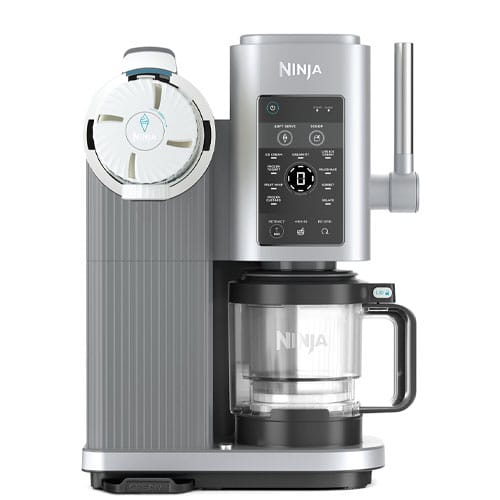 Ninja Coffee Maker featuring a pod-based brewing system, a digital display, and a glass coffee pot.