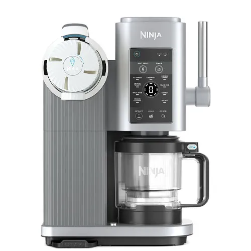Ninja Coffee Maker featuring a pod-based brewing system, a digital display, and a glass coffee pot.