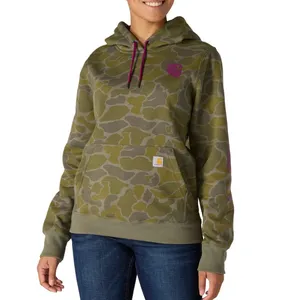 Camo-print hoodie with a front pocket and purple drawstrings, featuring a small logo on the chest. The person is wearing dark blue jeans.