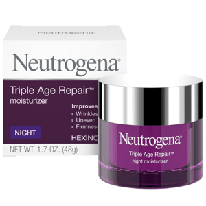 Neutrogena Triple Age Repair Night Moisturizer, 1.7 oz (48g), aims to improve wrinkles, uneven skin tone, and firmness.