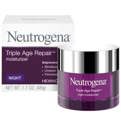 Neutrogena Triple Age Repair Night Moisturizer, 1.7 oz (48g), aims to improve wrinkles, uneven skin tone, and firmness.
